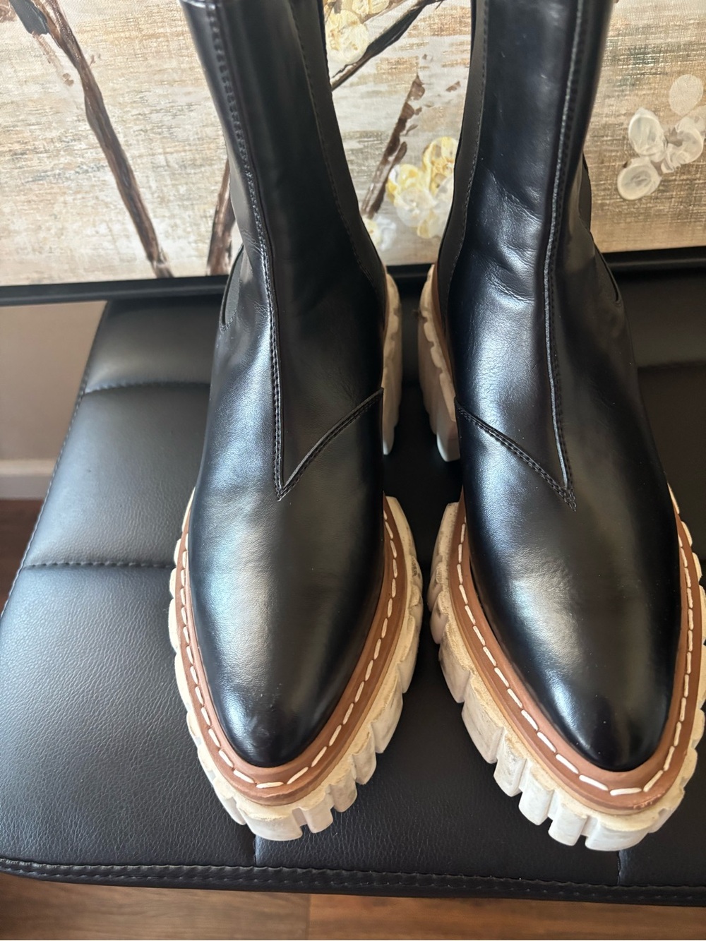 Stella McCartney Black Leather Lace-Up Platform Boots with White Chunky Sole - Picture 2 of 14